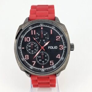 Folio Men's Watch 50MM Black Dial Red Plastic Bands New Battery